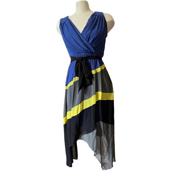 Max and Cleo Sheer Asymmetrical Dress Sz 4 (Small) Striped Blue, Yellow, & Gray - Picture 2 of 15